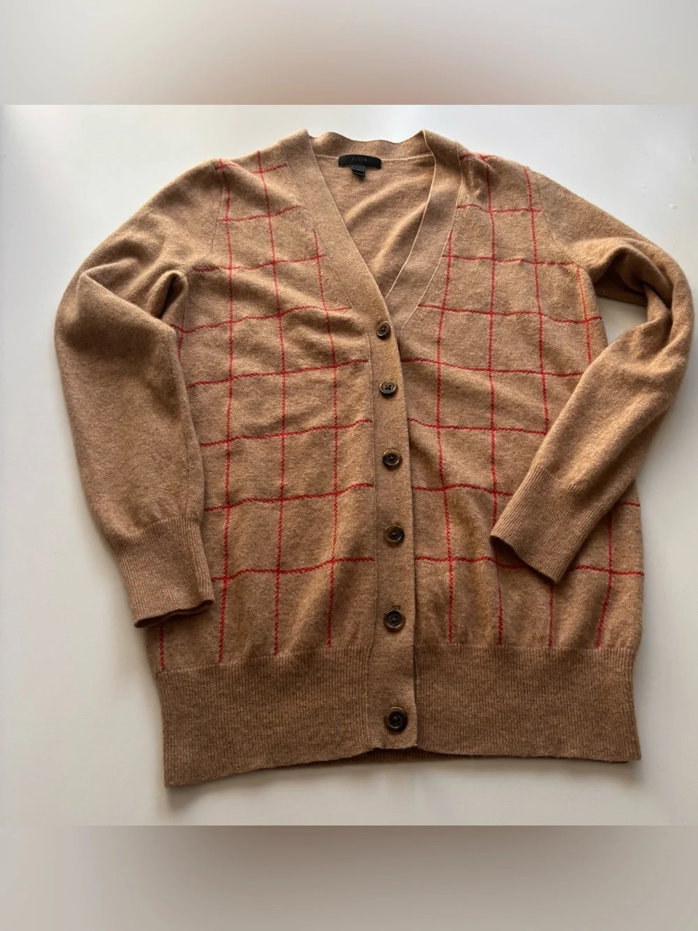 J Crew wool cashmere blend windowpane plaid cardigan Small tan red v neck